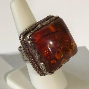 Amber Gemstone & Multi Silver Metal Ring